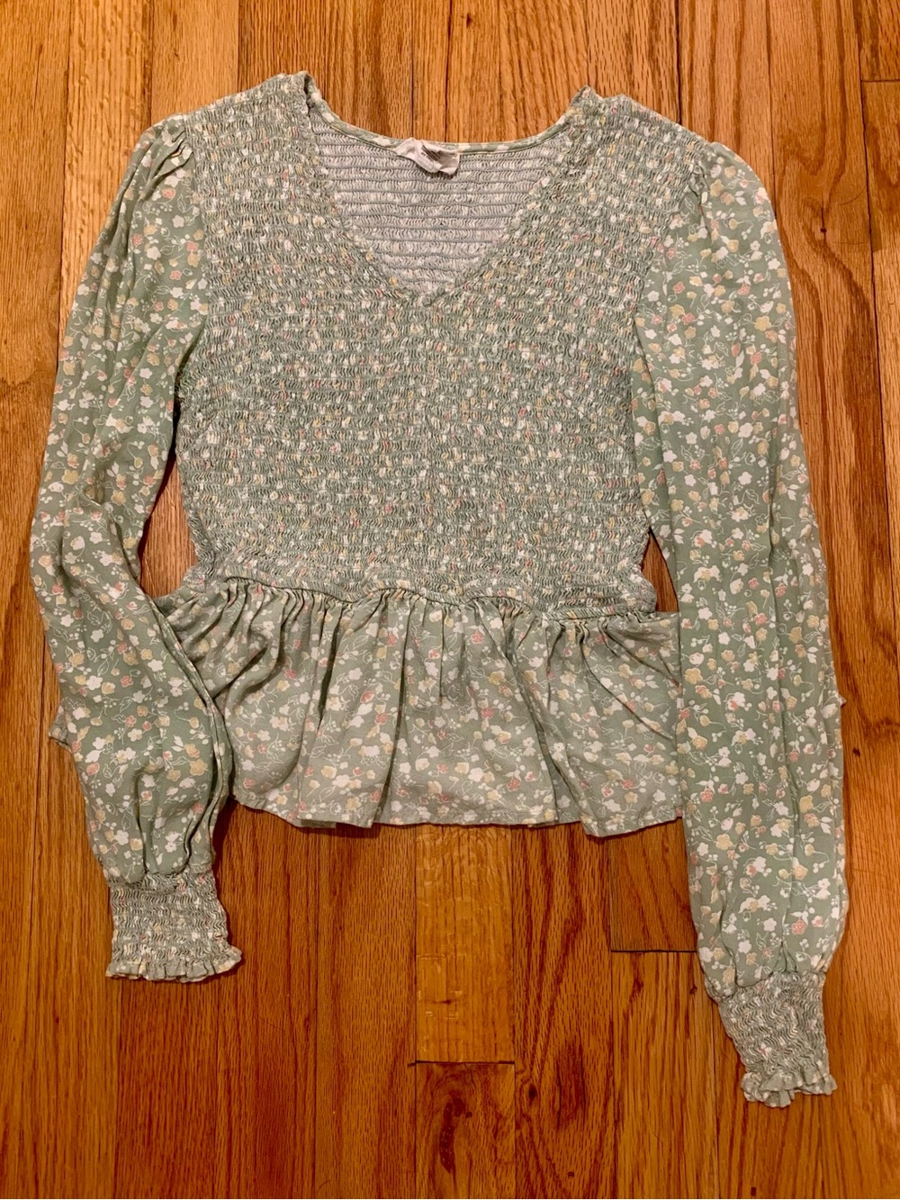 Japna Sage Green Smocked Peplum Floral Blouse